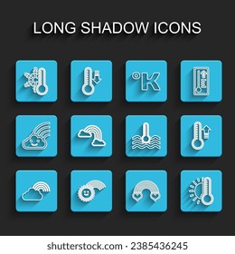 Set line Rainbow with cloud, sun, Thermometer snowflake, heart, clouds, Meteorology thermometer and Water icon. Vector