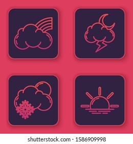 Set line Rainbow with clouds, Cloud with snow and sun, Storm and Sunrise. Blue square button. Vector