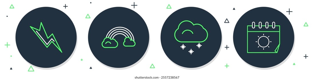 Set line Rainbow with clouds, Cloud snow, Lightning bolt and Calendar and sun icon. Vector
