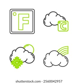 Set line Rainbow with clouds, Cloud snow and sun, Celsius and Fahrenheit icon. Vector