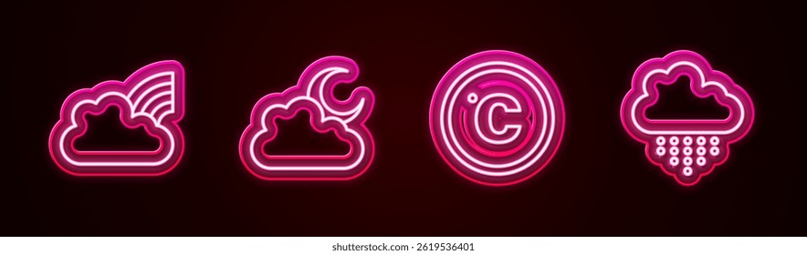 Set line Rainbow with clouds, Cloud moon, Celsius and rain. Glowing neon icon. Vector