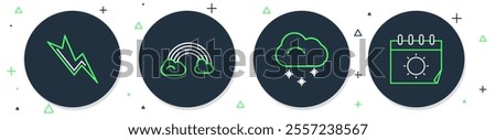 Set line Rainbow with clouds, Cloud snow, Lightning bolt and Calendar and sun icon. Vector