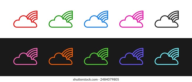 Set line Rainbow with clouds icon isolated on black and white background.  Vector