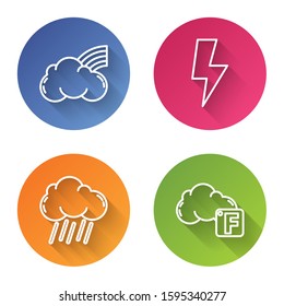Set line Rainbow with clouds, Lightning bolt, Cloud with rain and Fahrenheit and cloud. Color circle button. Vector