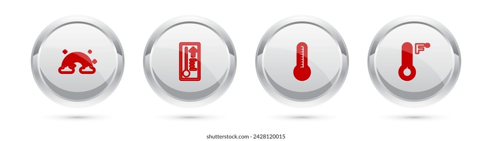 Set line Rainbow with clouds, Meteorology thermometer,  and . Silver circle button. Vector
