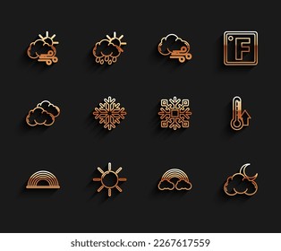 Fijar la línea Arcoiris con nubes, Sol, Tiempo Viento, Luna de Nube y estrellas, Copo de Nieve, Termómetro e ícono. Vector