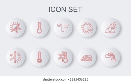Set line Rainbow with clouds, Sun and snowflake, Fahrenheit, Meteorology thermometer,  and Thermometer icon. Vector