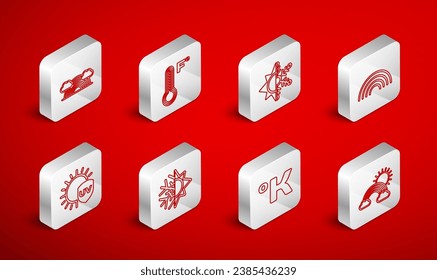 Set line Rainbow with clouds and sun, Meteorology thermometer, Sun snowflake, Kelvin,  and UV protection icon. Vector