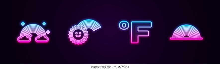 Set line Rainbow with clouds, sun, Fahrenheit and . Glowing neon icon. Vector