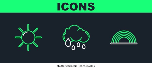 Set line Rainbow with clouds, Sun and Cloud rain icon. Vector