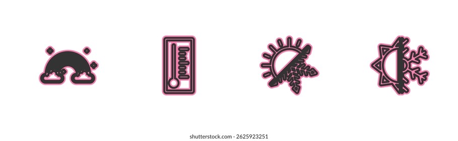 Set line Rainbow with clouds, Sun and snowflake, Meteorology thermometer and  icon. Vector