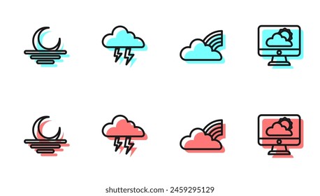 Icono de previsión de nubes, atardecer, tormenta y Clima. Vector