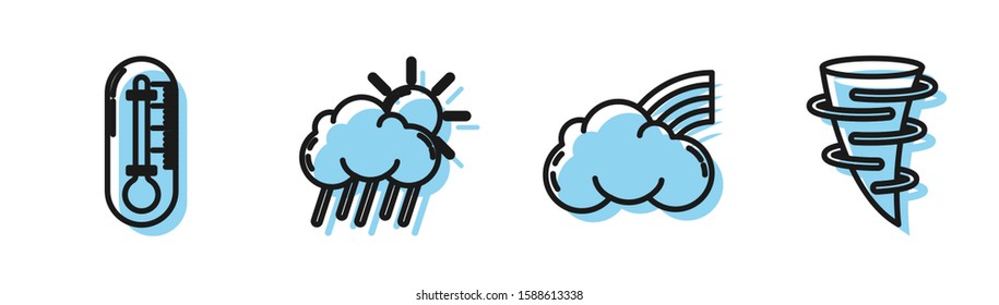 Set line Rainbow with clouds, Thermometer, Cloud with rain and sun and Tornado icon. Vector