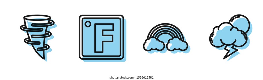 Set line Rainbow with clouds, Tornado, Fahrenheit and Storm icon. Vector