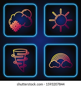 Set line Rainbow with clouds, Tornado, Cloud with snow and sun and Sun. Gradient color icons. Vector