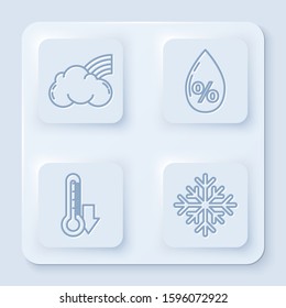 Set line Rainbow with clouds, Water drop percentage, Thermometer and Snowflake. White square button. Vector
