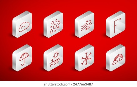 Arco iris con nubes, gota de agua, viento, Fahrenheit, copo de nieve, nube, sequía e icono de paraguas. Vector