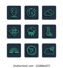 Set line Rainbow, Fahrenheit, with clouds, Cloud, rain, Snowflake, Location and Meteorology thermometer icon. Vector