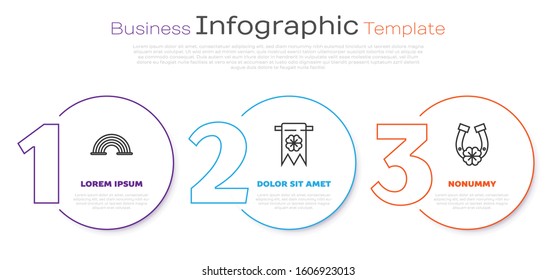 Set line Rainbow, Four leaf clover and party pennant and Horseshoe with four leaf clover. Business infographic template. Vector