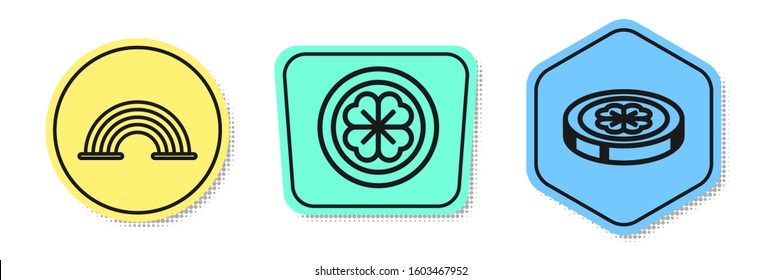 Set line Rainbow, Gold coin with four leaf clover and Gold coin with four leaf clover. Colored shapes. Vector