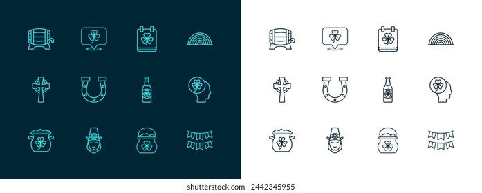 Set line Regenbogen, Leprechaun, Bierflasche mit Klee, Topf mit Goldmünzen, Hufeisen, St. Patricks-Tageskalender, Holzfass auf Rack und Kleeblatt-Symbol. Vektor