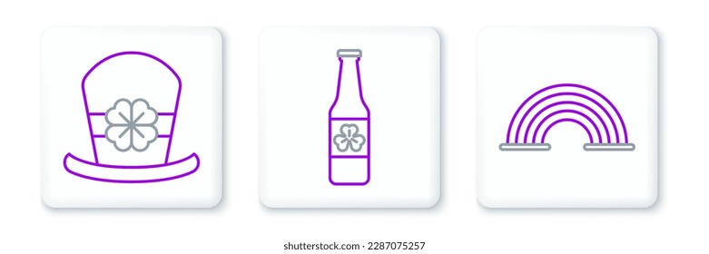 Set line Rainbow, Leprechaun hat and four leaf clover and Beer bottle with icon. Vector