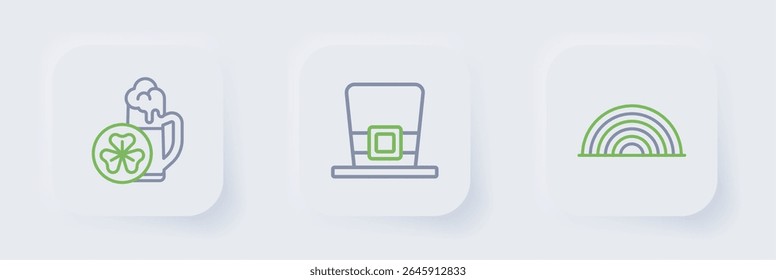Set line Rainbow, Leprechaun hat and Glass of beer icon. Vector