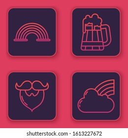 Set line Rainbow, Mustache and beard, Wooden beer mug and Rainbow with cloud. Blue square button. Vector