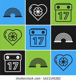 Set line Rainbow, Saint Patrick's day with calendar and Heart with four leaf clover icon. Vector