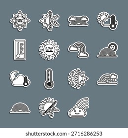 Set line Regenbogen mit Sonne, Wolke, Wolken, UV-Schutz, Meteorologie Thermometer, und Symbol. Vektorgrafik