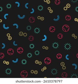Set line Rainbow, Sun, Earth globe and sun and  on seamless pattern. Vector