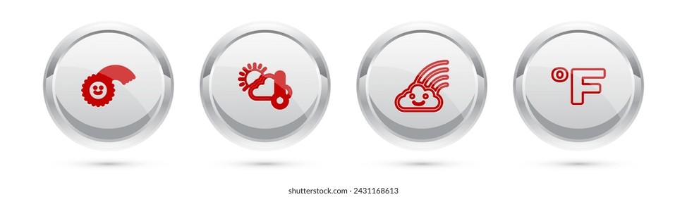 Set line Rainbow with sun, Thermometer and cloud,,  and Fahrenheit. Silver circle button. Vector