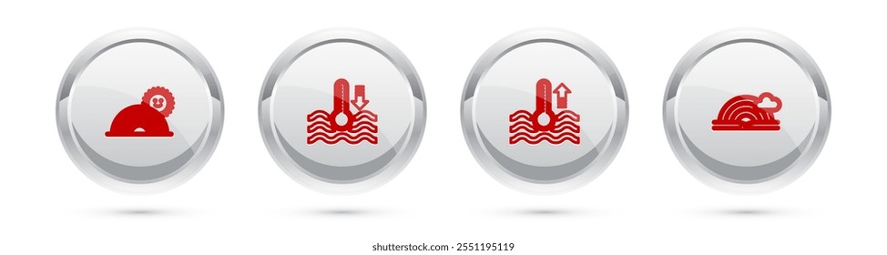 Set line Rainbow with sun, Water thermometer,  and cloud. Silver circle button. Vector