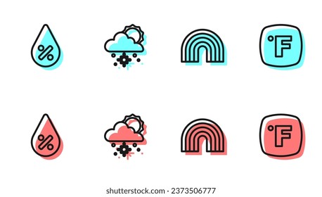 Set line Rainbow, Water drop percentage, Cloud with snow and sun and Fahrenheit icon. Vector