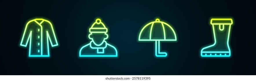 Set line Raincoat, Autumn clothes, Umbrella and Waterproof rubber boot. Glowing neon icon. Vector