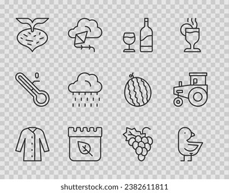 Set line Raincoat, Little chick, Wine bottle with glass, Calendar autumn leaves, Beet, Cloud rain, Grape fruit and Tractor icon. Vector