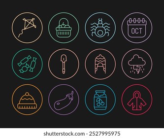 Set line Raincoat, Storm, Spider, Shovel, Candy, Kite, Winter hat and Basket food icon. Vector