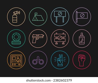 Set line Raised hand with clenched fist, Pepper spray, Protest, Pistol or gun, Lying burning tires, Air horn, Road barrier and camp icon. Vector