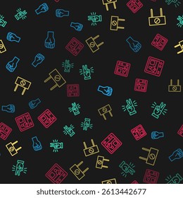 Set line Raised hand with clenched fist, Hand showing two finger, Protest and Television report on seamless pattern. Vector