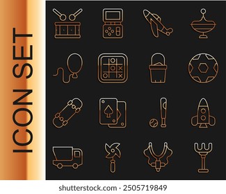 Set line Rake toy, Rocket ship, Soccer football ball, Toy plane, Tic tac toe game, Balloons, Drum with drum sticks and Sand in bucket icon. Vector