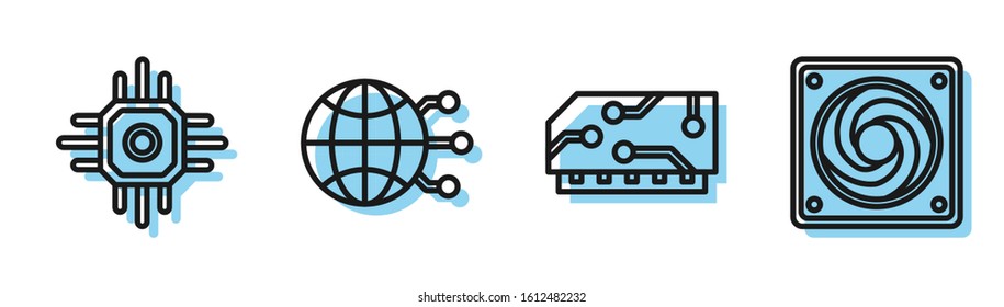 Set line RAM, random access memory, Processor, Global technology or social network and Computer cooler icon. Vector