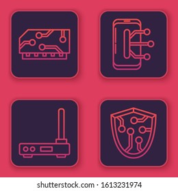 Set line RAM, random access memory, Router and wi-fi signal, Smartphone, mobile phone and Cyber security. Blue square button. Vector