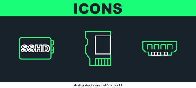 Set line RAM, random access memory, SSHD card and SD icon. Vector
