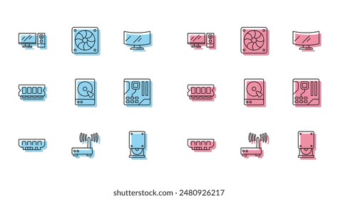 Set line RAM, random access memory, Router wi-fi signal, Computer monitor, Optical disc drive, Hard disk HDD, Motherboard digital chip,  and cooler icon. Vector