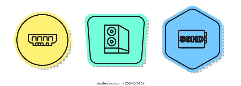 Set line RAM, random access memory, Case of computer and SSHD card. Colored shapes. Vector