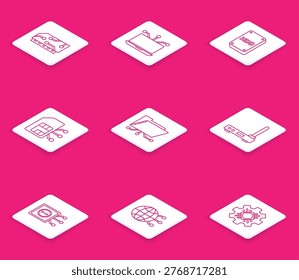 Set line RAM, random access memory, Laptop, Hard disk drive HDD, Sim card, Folder lock, Router wi-fi signal, Remote control and Global technology social network icon. Vector