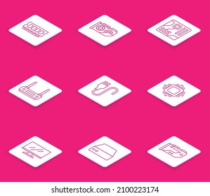 Set line RAM, Video graphic card, Motherboard digital chip, Router wi-fi signal, USB cable cord, Processor with CPU, Computer monitor screen and Server, Data, Web Hosting icon. Vector