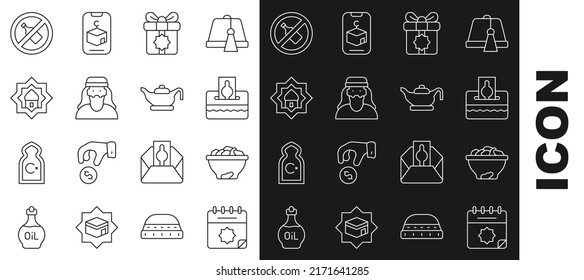 Set line Ramadan calendar, Date fruit in bowl, Donate or pay your zakat, Gift box, Muslim man, Mosque, No alcohol and Oil lamp icon. Vector
