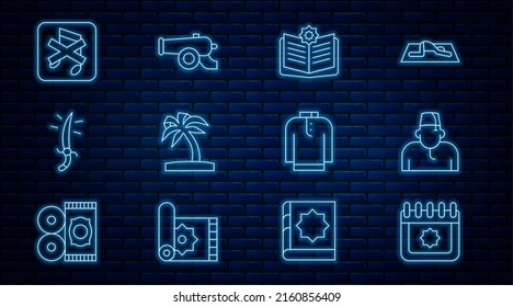 Set Line Ramadan Calendar, Muslim Man, Holy Book Of Koran, Tropical Palm Tree, Arabian Saber, Speaker Mute, Shirt Kurta And Cannon Icon. Vector