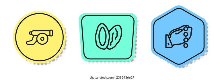 Set line Ramadan cannon, Date fruit and Hands in praying position. Colored shapes. Vector